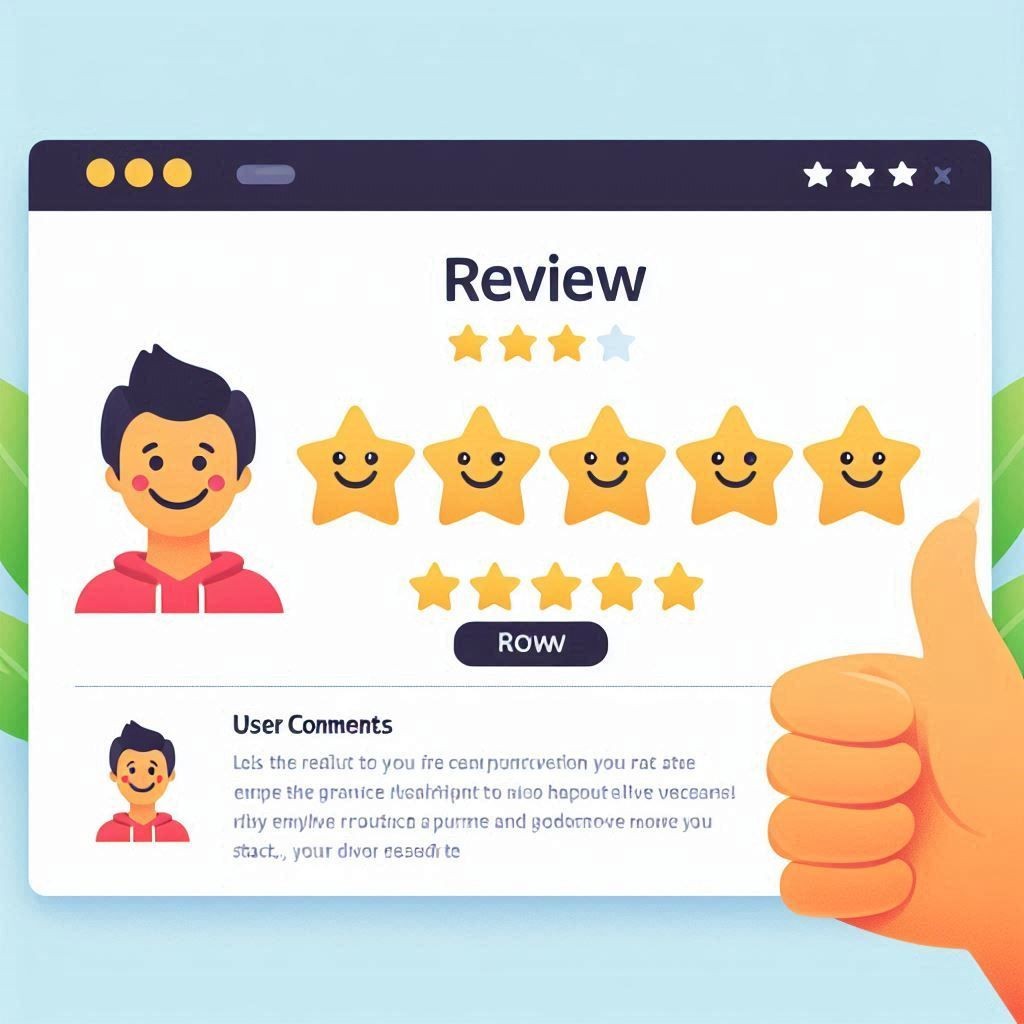 Illustration of a review page with five smiling stars and a thumbs-up icon.