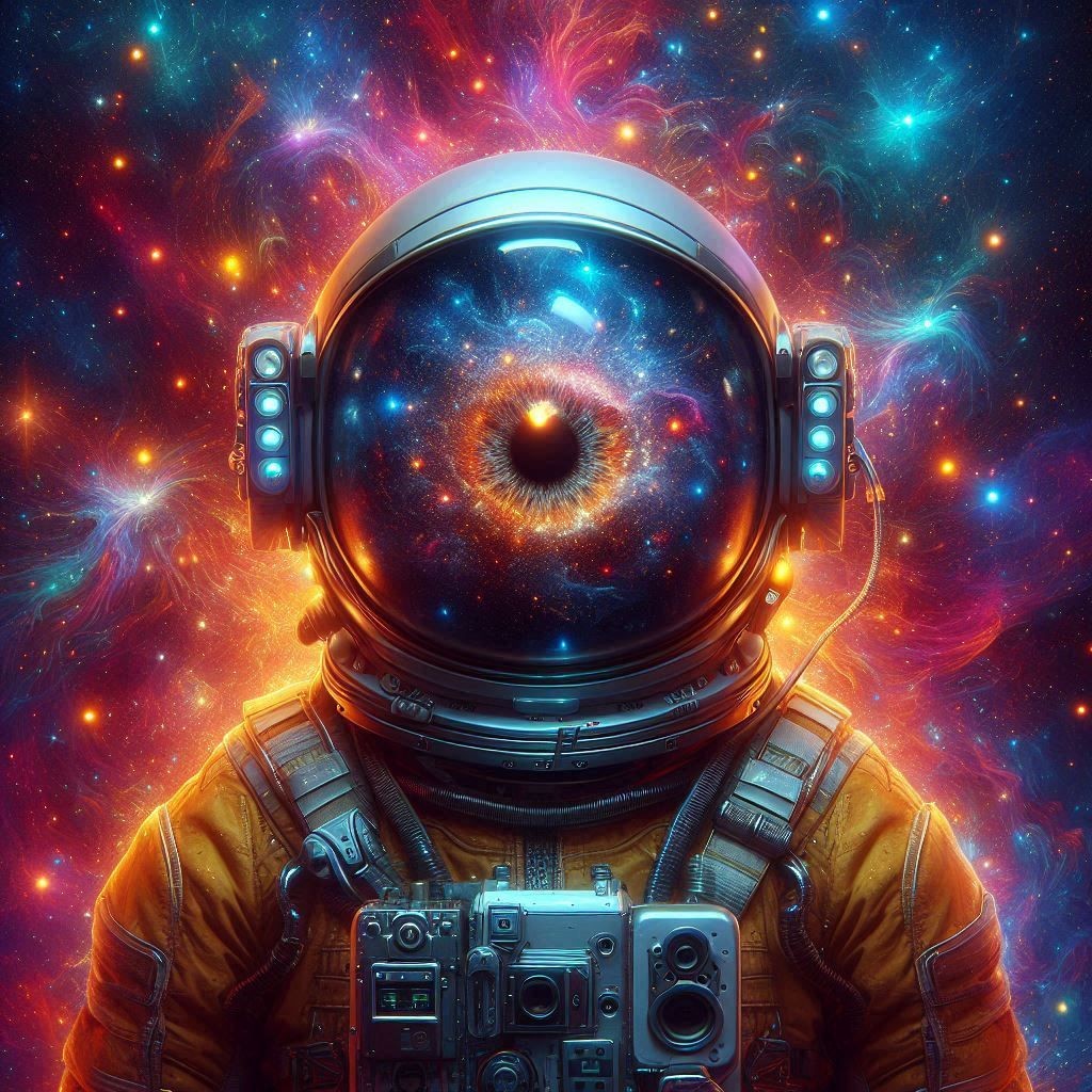 Astronaut with cosmic nebula and eye reflection in helmet visor, surrounded by vibrant space colors.