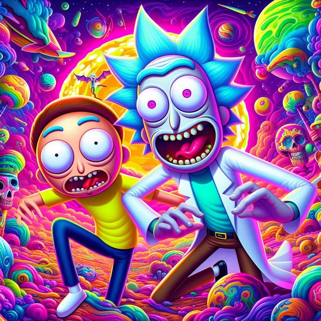 Cartoon characters with exaggerated facial expressions in a colorful, psychedelic extraterrestrial landscape.