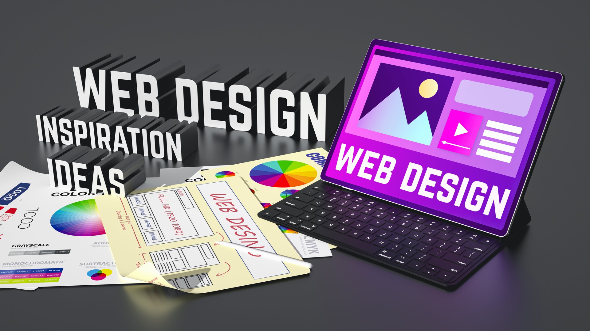 3D Web Design Essentials. Digital tablet displaying 'Web Design' with design elements, color selection, and graphic symbols. Papers with web design templates and color theory charts scattered around. 3D Rendering